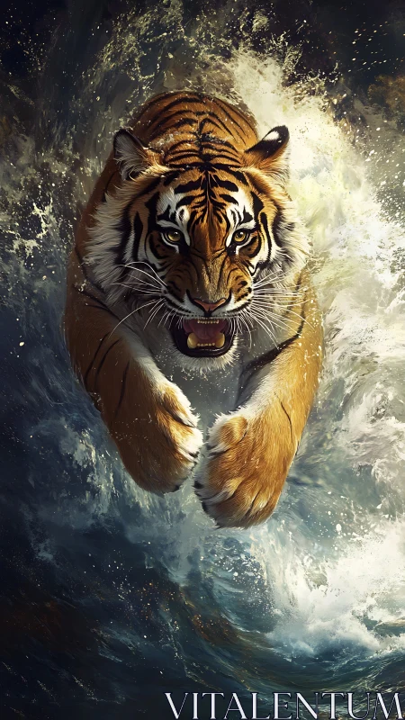Roaring tiger bursts through churning ocean waves in mid charge