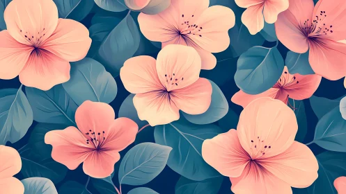 Blossoms Dance: Coral Petals Waltz Through Teal Dreams.