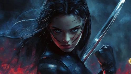 Fierce cyberpunk warrior with sword in burning stormscape.