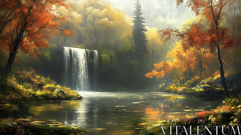 Radiant autumn watershed with luminous misted cascade flow.