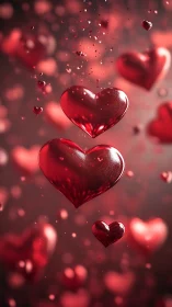 Multiple glossy red hearts suspended in soft bokeh environment.