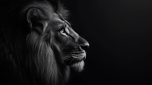 Monochrome lion profile in dramatic low key side lighting.