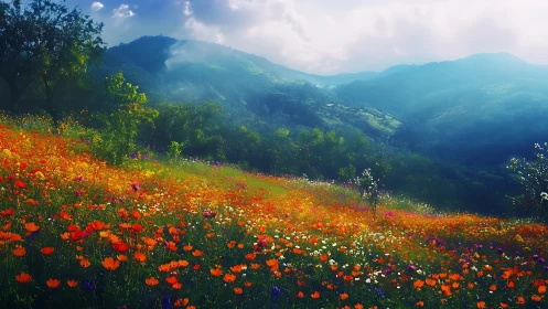 Luminous alpine wildflower meadow under misted blue ridges