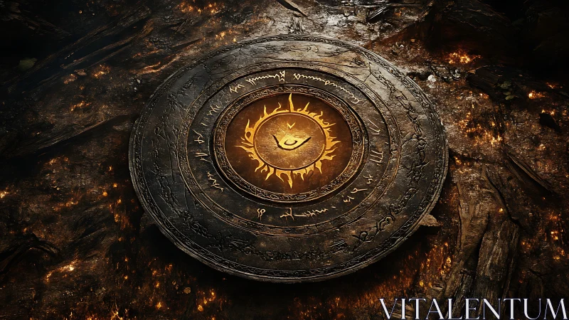 Ancient glowing sun sigil lies buried in ember‑lit stone