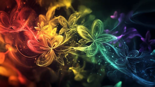 Glowing rainbow blossoms swirling through cosmic night.