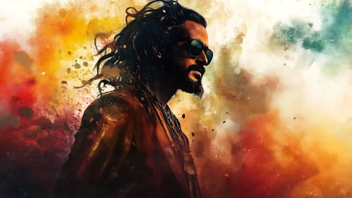 Cool wanderer drifting through a storm of painted light.