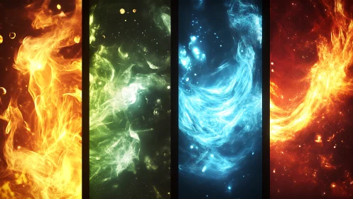 Elemental nebulae converge in glowing vertical quadrants.