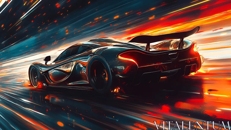 Futuristic sports car moves through streaked light field
