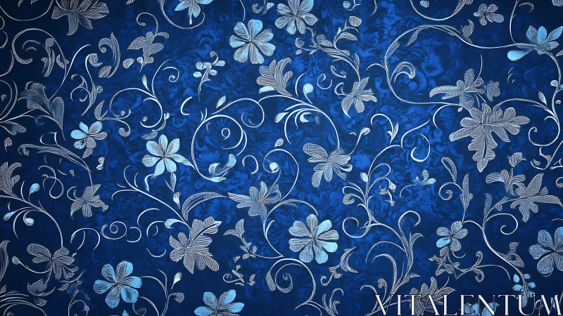 Blue Damask Floral Pattern with Scrollwork