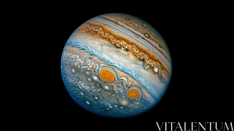 Swirling blue and gold gas giant painted with cosmic storms.