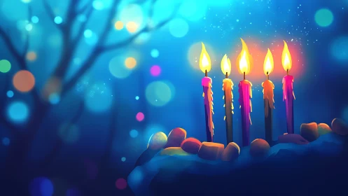 Luminous Menorah with Five Ignited Candles Against Bokeh Night Sky.