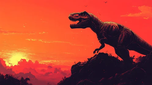 Silhouetted tyrannosaur strides across volcanic sunset plateau