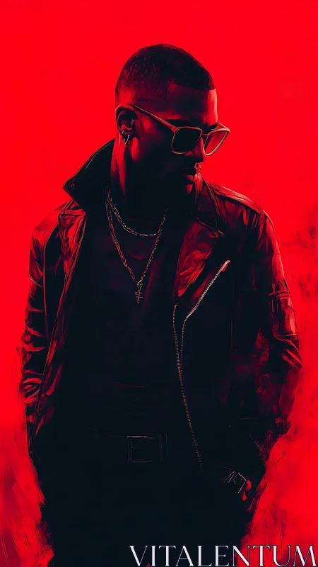 Crimson Neon Swagger: Shadowed Icon in Leather Glow.