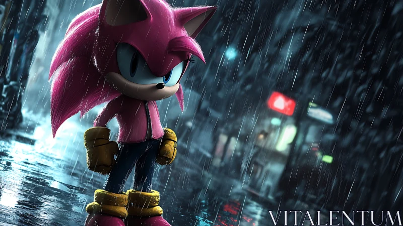 Neon rain crowns a pink hedgehog hero on slick city streets