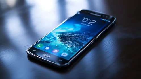 Samsung smartphone displaying ocean imagery on darkened surface.