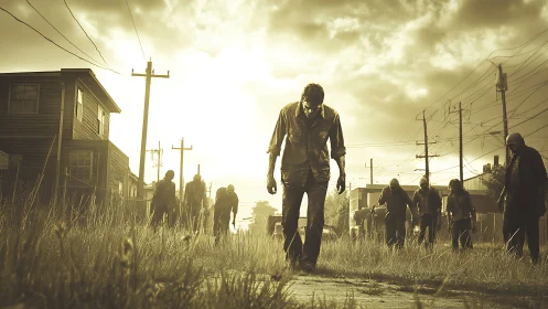 Backlit suburban zombies advancing under desaturated sunset.