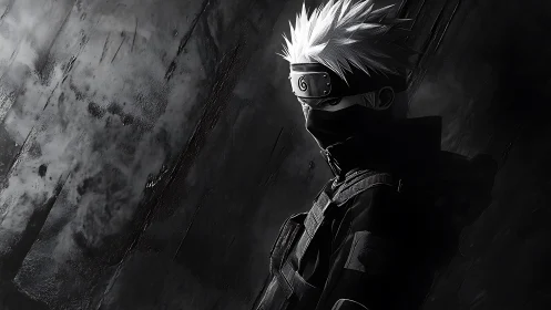 Masked silver ninja melts into stormy graphite shadows