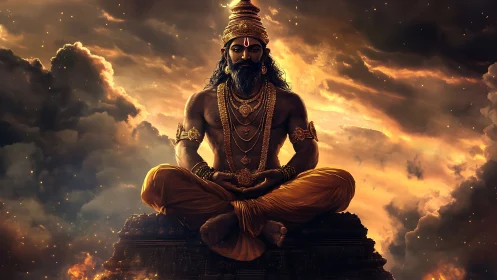 Serene golden deity meditating amid dramatic storm clouds.