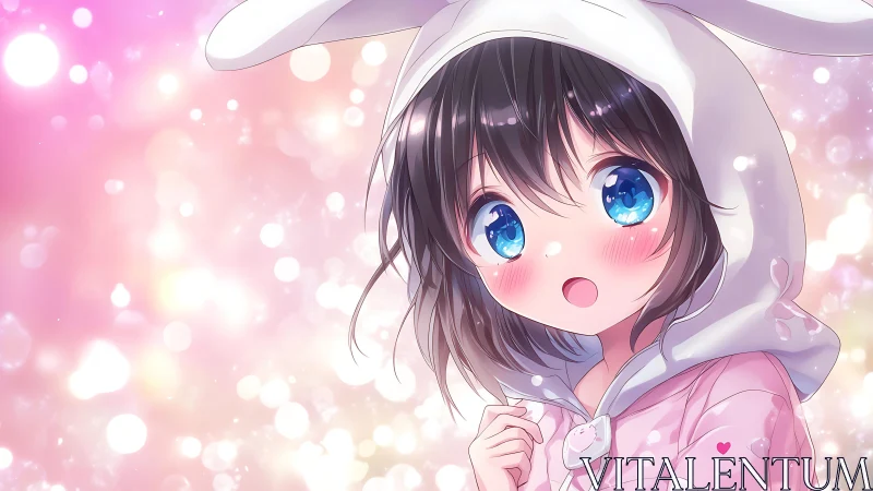 Pastel bokeh anime portrait of girl in white bunny hoodie