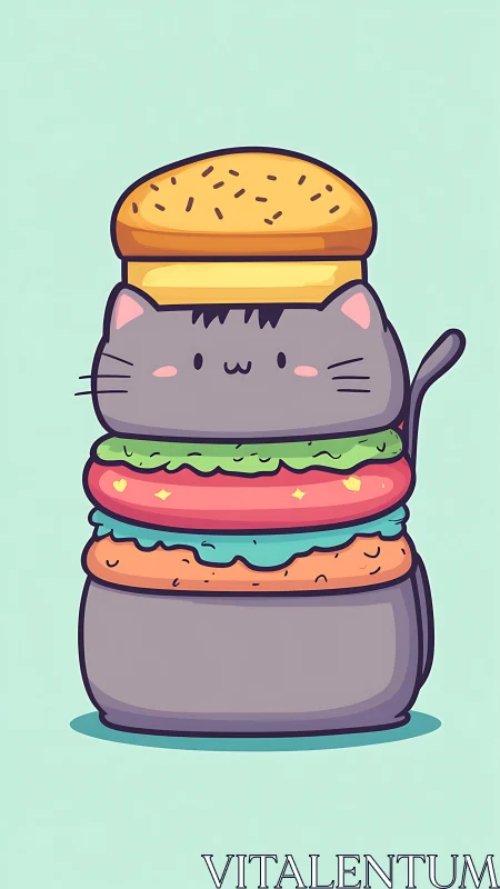 Cute Cat Stacked Burger - Whimsical Food Character Illustration