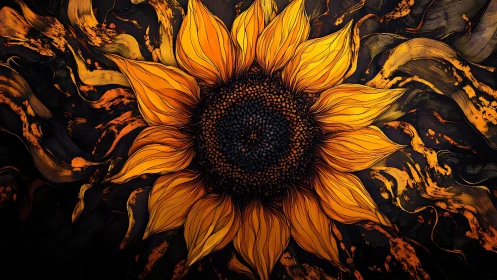 Stylized sunflower with swirling orange textured background.