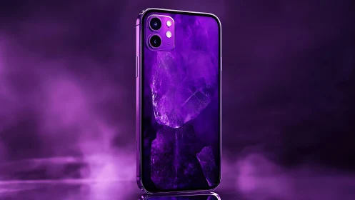 Purple smartphone with glowing crystal display and dual camera.
