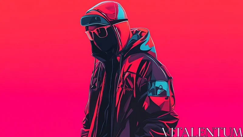 Hooded figure in stylized jacket stands against gradient field