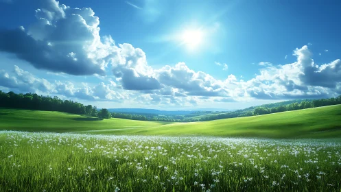 Sunlit wildflower meadows rolling beneath wandering clouds.