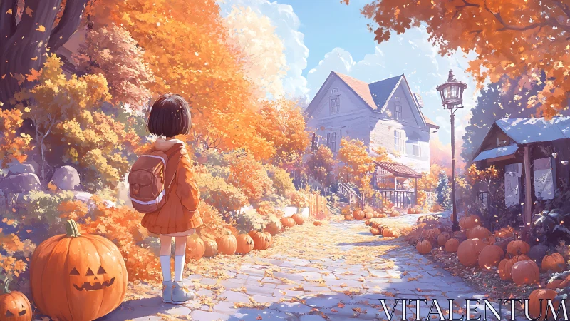 Cozy autumn lane with pumpkins and a curious young traveler.