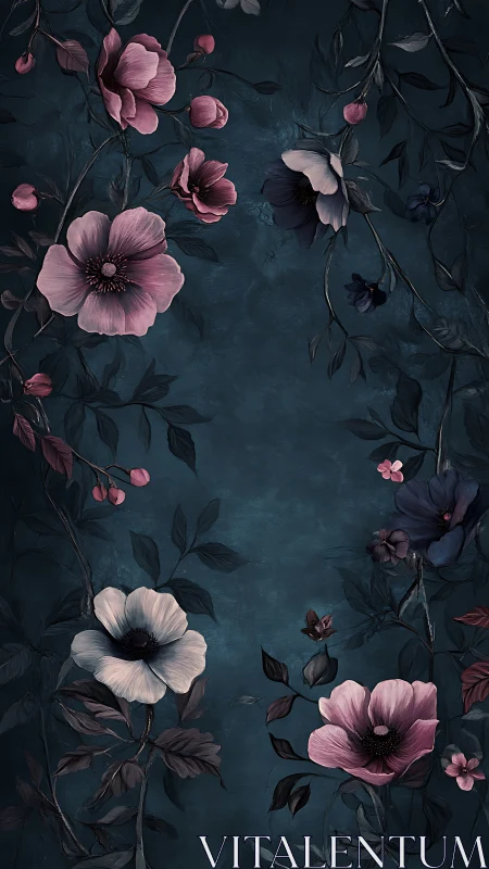 Pink and White Blooms Against Deep Teal. Botanical Digital Composition.