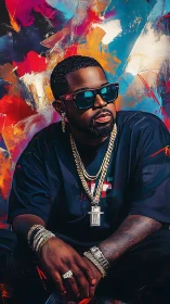 Man in sunglasses with jewelry before abstract backdrop.