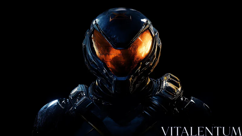 Luminous armored exosuit portrait in deep black void.