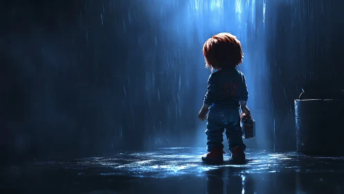 Backlit childlike figure in rainy alley with reflective puddle