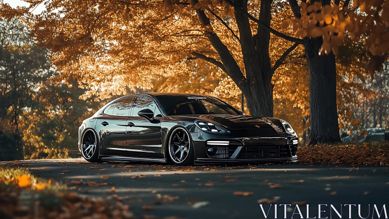 Low-profile black sedan stands on forest road in autumn