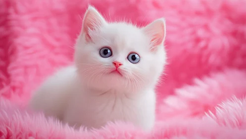 White Kitten With Blue Eyes Against Pink Fur Background.