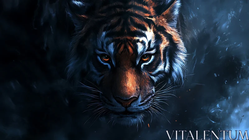 Tiger eyes blaze through shadowed blue mist at night.