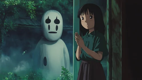 Quiet girl and misty forest spirit share a moonlit pause.