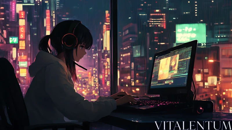 Nightcode dj spins neon lines above rainlit city grid.