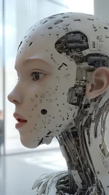 Gentle android portrait, where soft humanity meets metal mind.