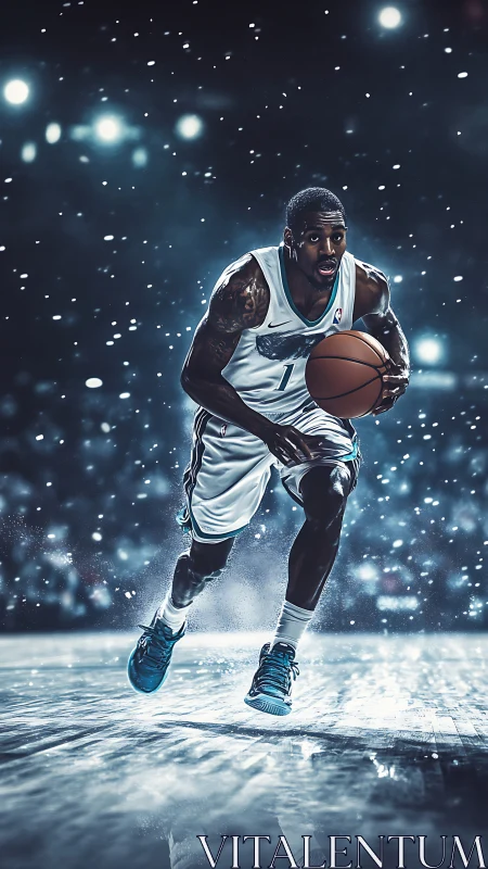 Dynamic basketball guard driving through cinematic lights.