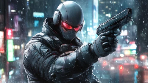 Armored cyber soldier aims pistol in neon city downpour.