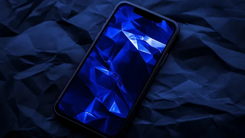 Blue geometric light reflects across smartphone display surface.