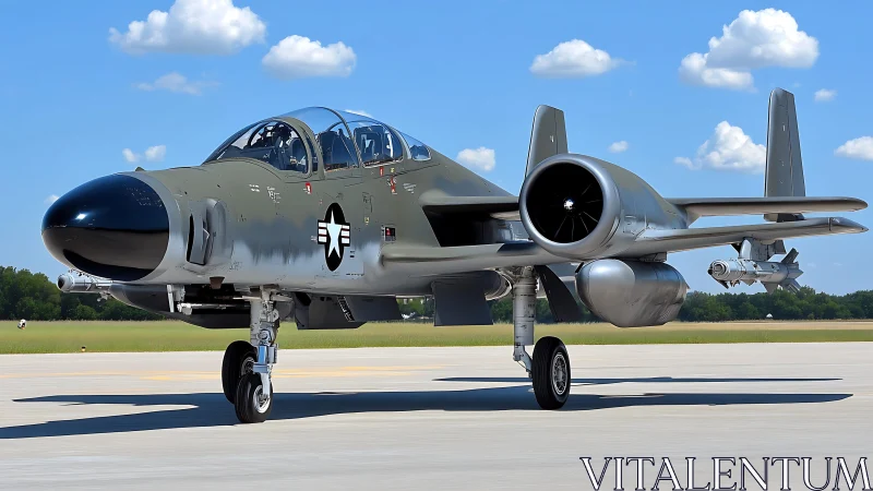 Sleek military jet resting confidently on a sunny runway.