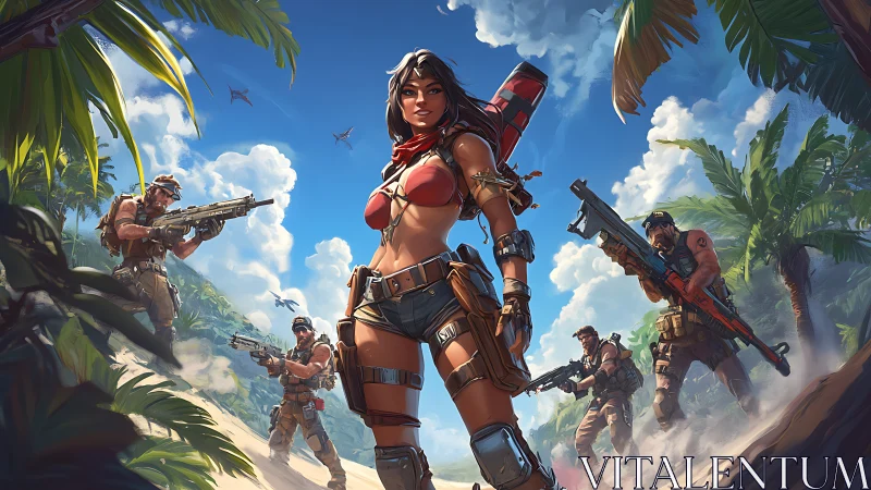 Armed female squad leader dominates tropical beach battlefield