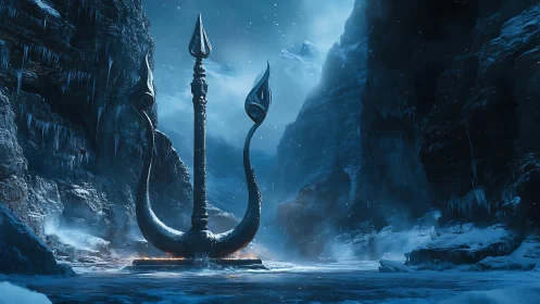 Frozen trident monolith guarding a myth-lit glacial pass.