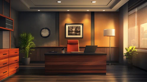 Sunlit executive haven with warm wood and quiet authority.