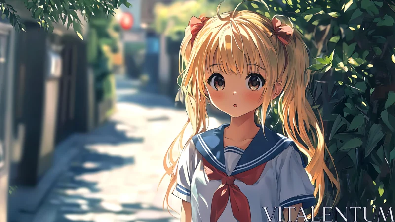 Sunlit anime schoolgirl in sailor uniform on narrow alleyway