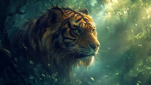 Majestic tiger emerges from luminous emerald jungle mist.