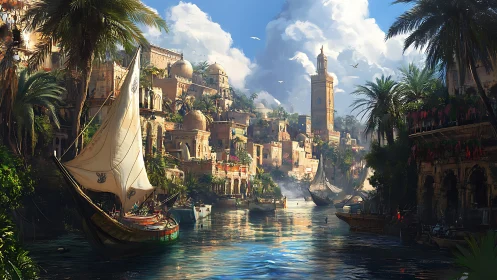 Sunlit river city welcomes graceful sailboats and warm skies