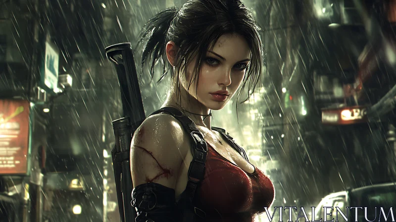 Rain-soaked cyberpunk warrior in neon-lit alleyway vigil.